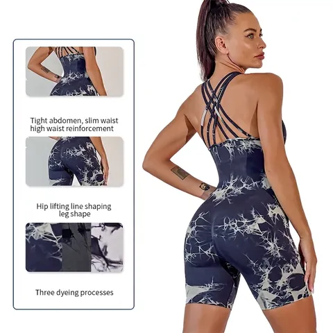 Mono De Yoga Tie Dye Para Mujer Nylon Spandex Alta Elasticidad Espalda Cruzada Ajuste Ceñido Gimnasio Bodysuit Unitard