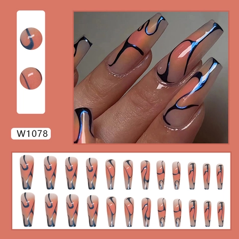 Sarg Druck Auf Nägel Lang Aurora Blau Ripple Gradient Künstliche Falsche Fingernägel Glänzend Ins Stil