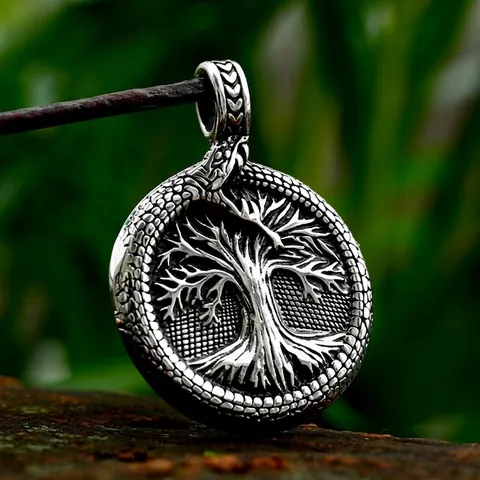 Viking Tree Of Life Ouroboros Pendant Stainless Steel Nordic Celtic Mythology Round Retro Silver Color Jewelry For Men