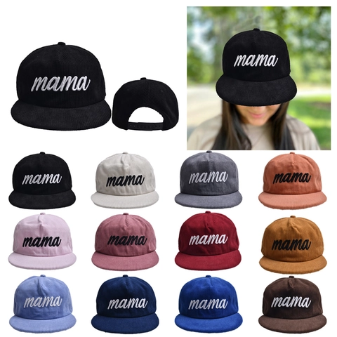 MAMA Bestickte Cord Baseballkappe Flache Krempe Verstellbar Outdoor Winter Warm Sonnenhut Für Damen Retro Stil
