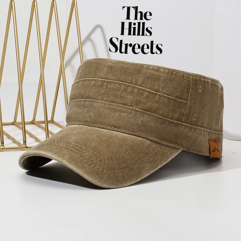 Vintage Washed Cotton Cadet Cap For Men Flat Top Military Style Hat Distressed Adjustable Outdoor Sport Baseball Cap