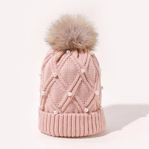 Women Winter Beanie Hat Knit Rhombic Pattern Faux Artificial Pearl Decoration Large Faux Fur Pom Pom Warm Solid Color Elegant
