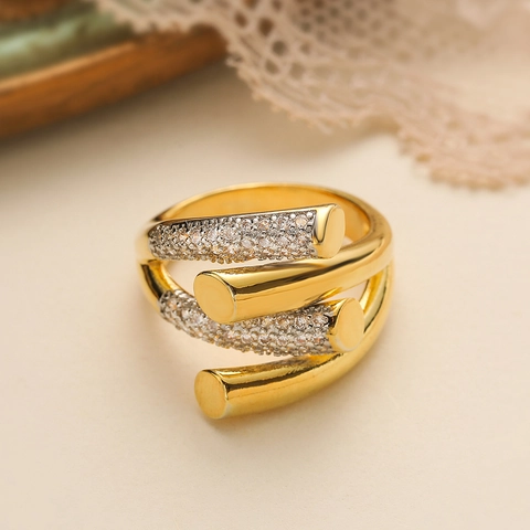 Anello Geometrico Irregolare Micro Incastonato Zirconia Rame Apertura Regolabile Donna Gioielli Moda Avvolgimento Multistrato
