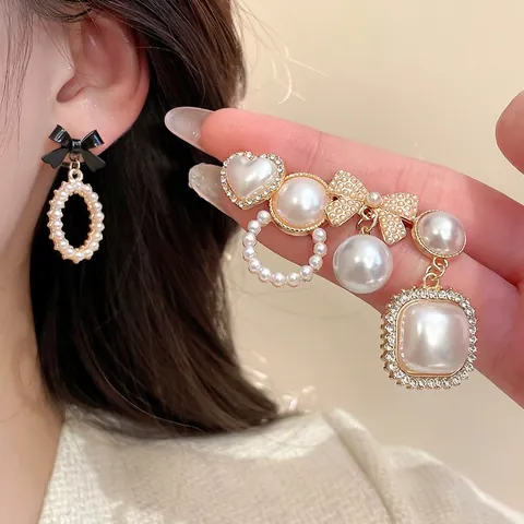 Orecchini A Lobo Vintage Francese Imitazione Perla Artificial Lega Strass Con Perno In Argento Fiocco Cuore Geometrico Gioielli Eleganti