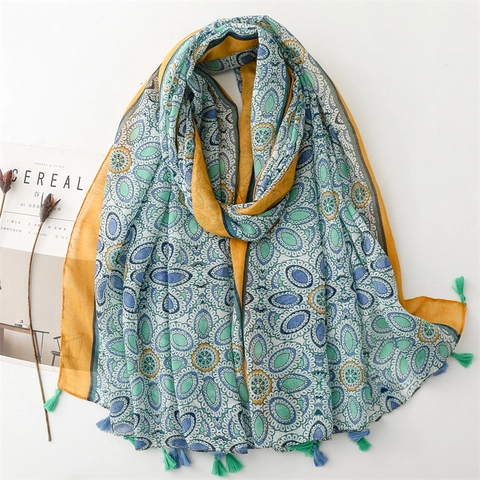 Böhmischer Ethnischer Mandala Druck Schal Polyester Voile Quasten Sommer Sonnenschutz Strand Reise Wickeltuch Damen