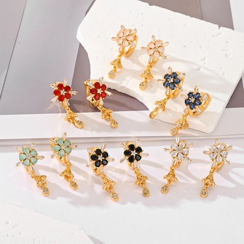 Blumen Drop Hoop Ohrringe Kupfer Zirkon Eingelegt Elegant Bunt Floral Schmuck Für Frauen Mit Kupfer Earring Post