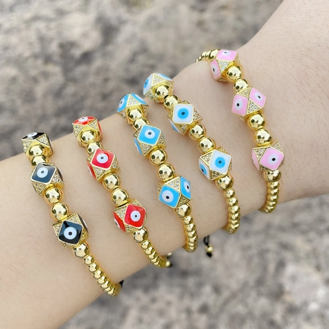 Evil Eye Bracelet Gold Plated Copper Cubic Zirconia Enamel Square Charms Adjustable Beaded Bohemian Lucky Jewelry Women