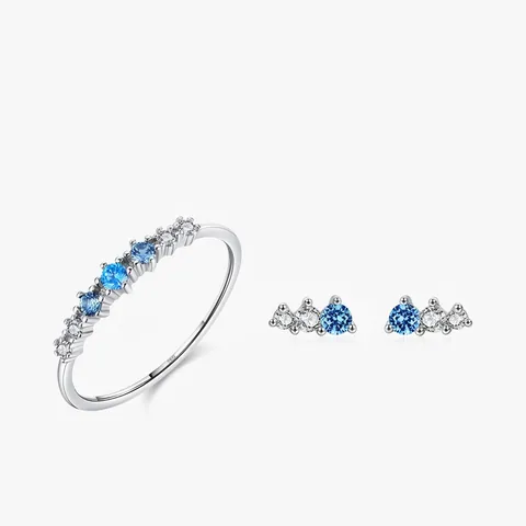 925 Sterling Silber Schmuckset Blau Weiße Zirkonia Dünner Ring Ohrstecker Einfach Nische Elegant Für Frauen