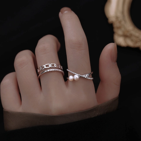 Double Layer Star Adjustable Ring Copper Zircon Artificial Pearl Geometric Fashion Minimalist Jewelry For Women