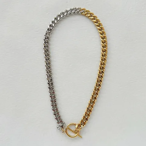 Collier Mailles Cubaines Bicolore Acier Inoxydable Plaqué Or 18K Avec Fermoir Bascule Chaîne Large Femme Style Vintage