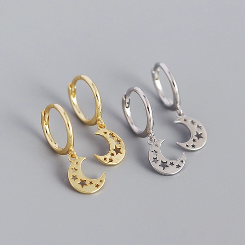 Pendientes de Aro de Plata de Ley 925 con Estrella y Luna para Mujer Minimalistas Huecos Luna Creciente Joyería Geométrica