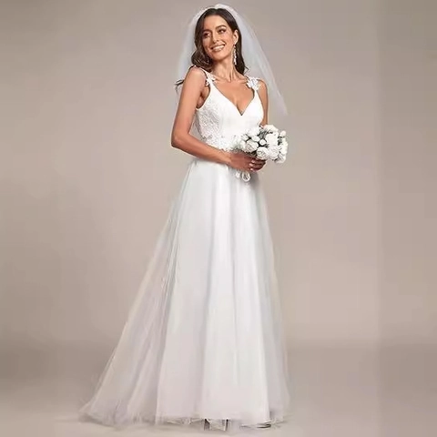 Wedding Dress Deep V Neck Lace Tulle Bridal Gown Spaghetti Straps A Line Backless Floor Length Formal White