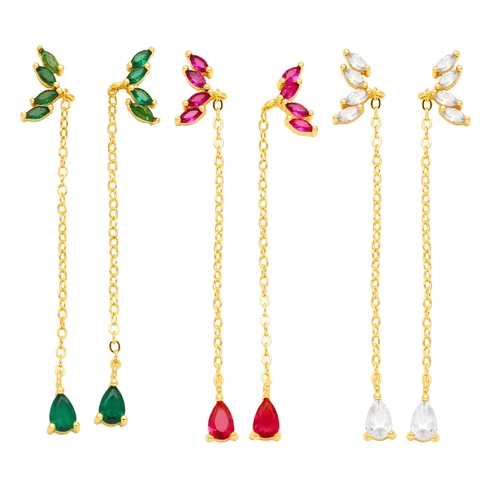 Elegante Lange Quasten-Ohrringe Blattform Vergoldetes Kupfer Marquise- Und Birnenschliff Zirkonia Baumeln Für Damen