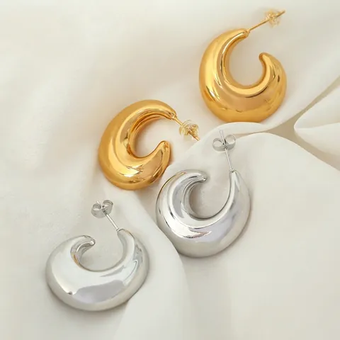 18K Gold Plated Stainless Steel Chunky C Shape Hoop Earrings French Minimalist Hollow Geometric Jewelry For Women