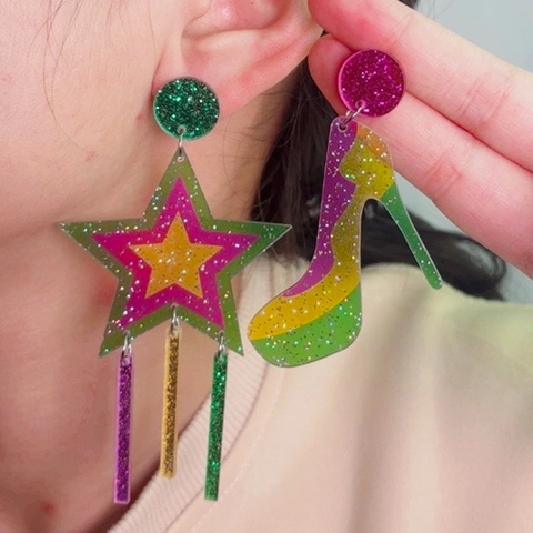 Mardi Gras Christmas Carnival Earrings Acrylic Glitter Star Santa Festive Jewelry Women Girls Stainless Steel Earring Post