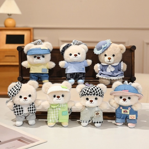 Cute Plush Teddy Bear Pendant Keychain Bag Charm Stuffed Animal Toy With Denim Plaid Clothes Hat Handmade Style