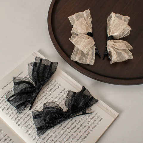 Geplooide Mesh Strik Haarclips Vintage Tule Kant Eendenbek Zijclips Zoete Haaraccessoires Voor Meisjes Vrouwen
