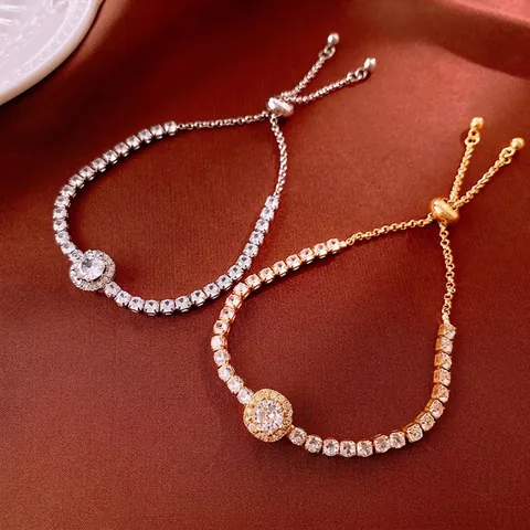 Elegant Tennis Bracelet Copper With Rhinestone Round Halo Adjustable Slider Clasp Luxury Jewelry For Women