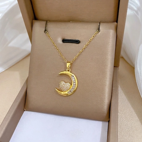 Mond Herz Anhänger Halskette Vergoldete Edelstahlkette Kupfer Mit Mikro Pave Zirkon Eleganter Schmuck Für Damen