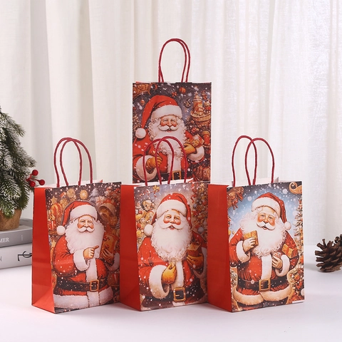 Vintage Weihnachten Weihnachtsmann Kraftpapier Geschenktüten Mit Griffen Feiertagsparty Shopping Tote Rot Bedruckte Papiertüten Für Geschenke