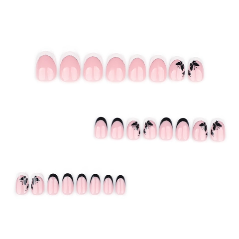 Press On Nails French Tip Black Butterfly Design Short Round Oval False Nails Artificial Manicure For Women Elegant Simple Style
