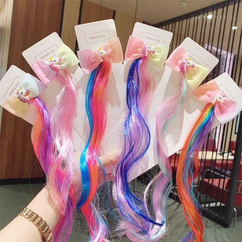 Molletta Per Capelli Con Fiocco Unicorno Arcobaleno Per Ragazze Con Extension Di Capelli Sintetici Colorati