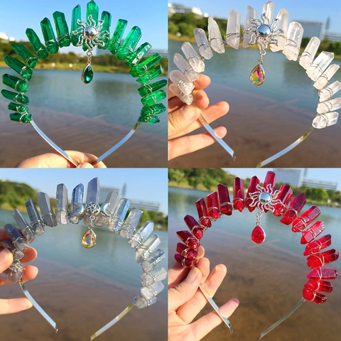 Natural Raw Crystal Crown Tiara Headband With Sun Pendant Bohemian Witchy Wizard Hair Accessory For Women Party