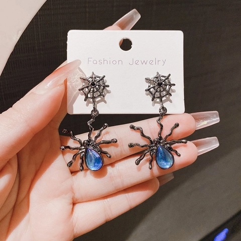 Gothic Spider Web Dangle Earrings Alloy Blue Moonstone Accents With 925 Sterling Silver Earring Post Punk Style Women