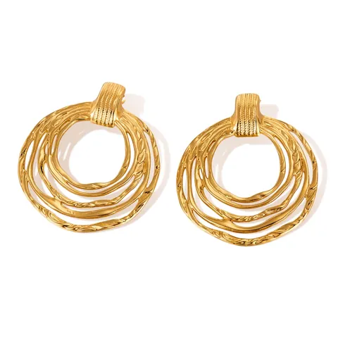 Vintage Exaggerated Stainless Steel Multi Layer Hoop Earrings For Women Gold Geometric Texture Drop Circle Earrings Fashion Jewelry