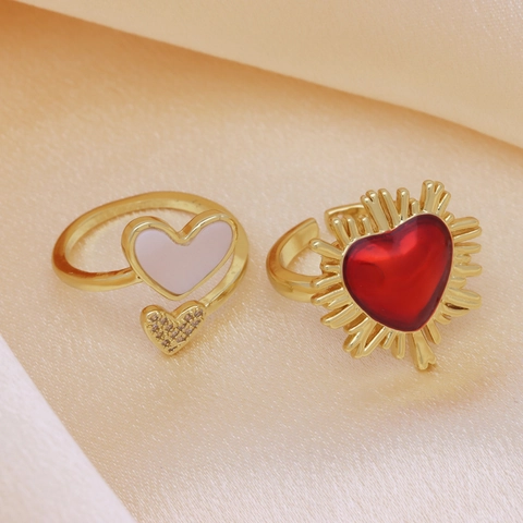 Vintage Kupfer Herz Offener Ring Mit Zirkonia Muschel Inlay Vergoldet Einstellbare Herzform Flügel Modeschmuck Für Damen
