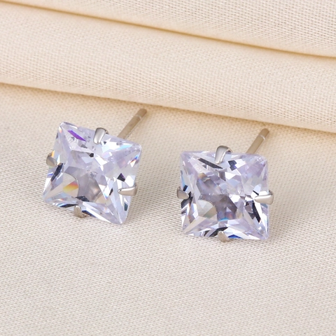 925 Sterling Silver Square Zirconia Stud Earrings For Women Men Minimalist Geometric Four Prong Inlaid Ear Piercing Jewelry