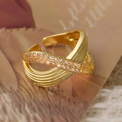 Verstellbarer Offener Ring Kupfer 18K Vergoldet Zirkonia Geometrisches Kreuzdesign Eleganter Modeschmuck Für Damen