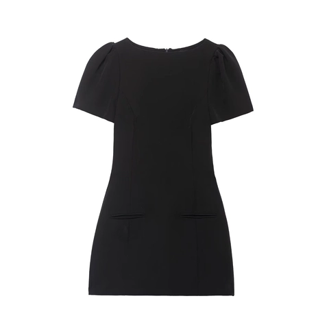 Black Mini Dress Off Shoulder Puff Short Sleeve Polyester Back Zipper Elegant Fashion Dress With Pocket Detail Women