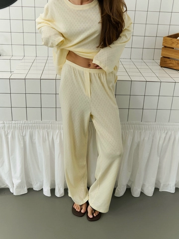 Women Loungewear Long Sleeve Top And Wide Leg Pants Cotton Knit Heart Pointelle Jacquard Casual Home Wear Yellow