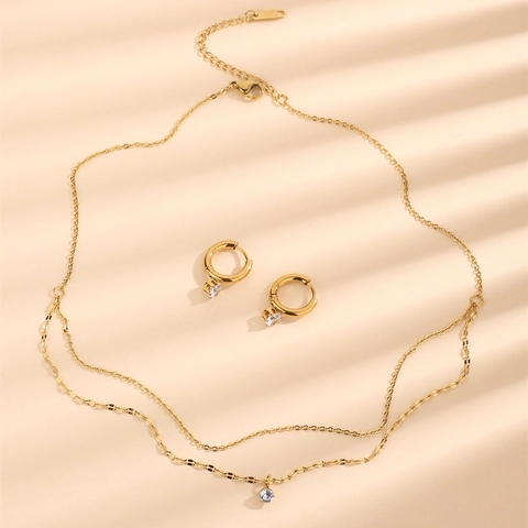 Jewelry Necklace And Earrings Minimalist Double Layer Stainless Steel Zircon Shiny Gold Plated Fashion For Women