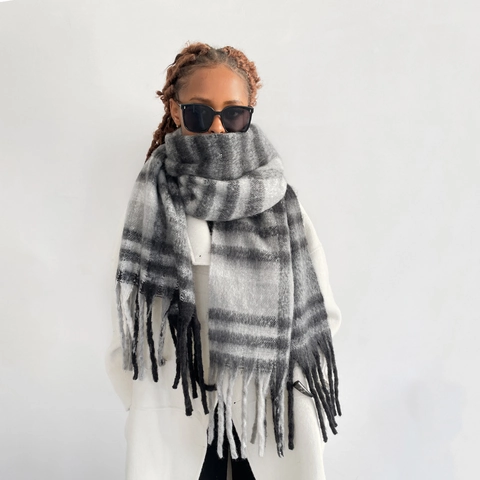 Damen Winter Warm Karomuster Schal Weicher Gebürsteter Polyester Schal Mit Langen Quasten Dickes Gittertuch Schal Wrap Eleganter Halswärmer
