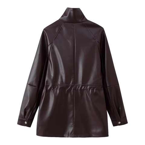 Dames Mode Double Breasted Kunstlederen Jas Slim Fit Opstaande Kraag Half Lang PU Leren Bovenkleding Jas Effen Kleur