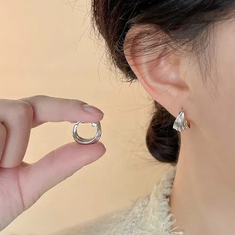 Pendientes de Aro de Cobre Geométricos Texturizados Minimalistas de Estilo Vintage Francés para Mujer Chapados en Plata Joyas de Metal