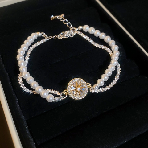 Bracelet De Künstliche Perles Élégant Pour Femme Avec Charme D'étoile En Alliage Et Zircon Bijoux Rétro Multicouche