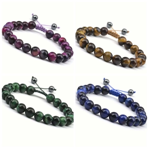 Natural Gemstone Beaded Bracelet Tiger Eye Agate Adjustable Braided Rope Hand Woven Boho Jewelry For Men Women