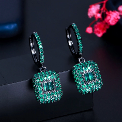 Orecchini a Goccia in Zirconia Quadrati in Rame Lusso Vintage per Donna Orecchini con Pietre Preziose Taglio Smeraldo Micro-set Verde Rosso