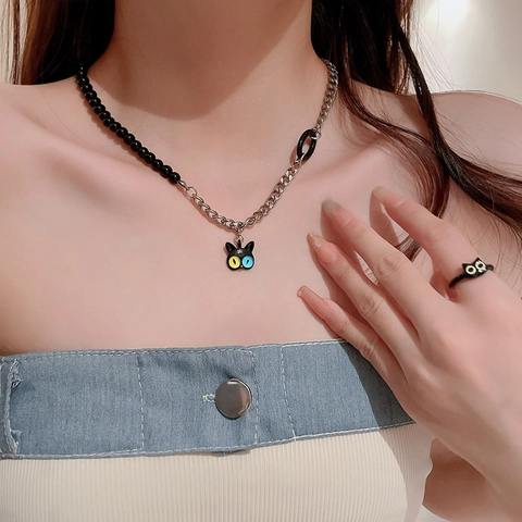 Collier Pendentif Chat Dessin Animé Cœur Alliage Acrylique Cristal Rose Chaîne Épissage Style Doux Cool Pour Femmes