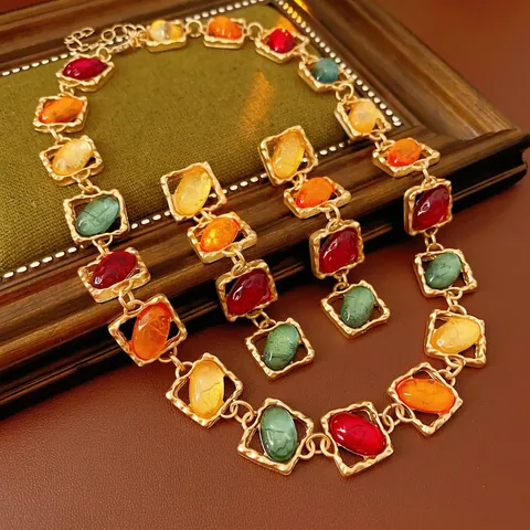 Vintage Jewelry Multi-color Resin Alloy Square Pendant Necklace And Drop Earrings With Silver Earring Post Luxury Women