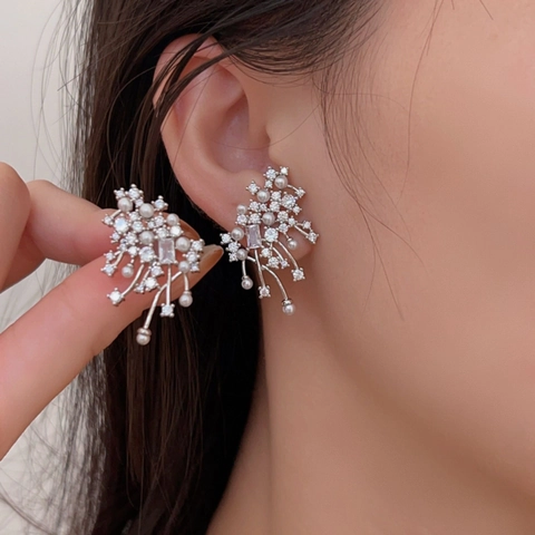 Pendientes De Perlas Artificiales Nebulosa Estrellada Con Circón Fuegos Artificiales Geométricos Cobre Accesorios Elegantes Para Mujeres