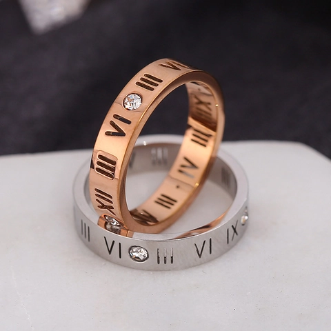 Roman Numeral Zirconia Stainless Steel Ring For Women Rose Gold Silver Gold Plated Hollow Geometric Band Ring Jewelry Gift