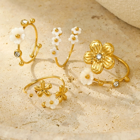 Flower Adjustable Ring 18K Gold Plated Stainless Steel White Shell Cubic Zirconia Elegant Jewelry For Women