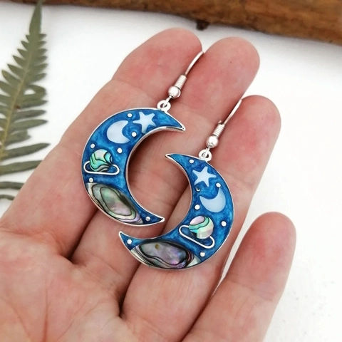 Boucles d'Oreilles Pendantes en Alliage Croissant de Lune Vintage Ciel Bleu Étoile Planète Incrustation Coquille d'Abalone Bijoux pour Femmes