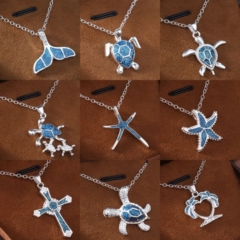 Meeres Schildkröte Walflosse Seestern Anhänger Halskette Versilbertes Kupfer Imitat Opal Ozean Sommer Strand Schmuck Damen