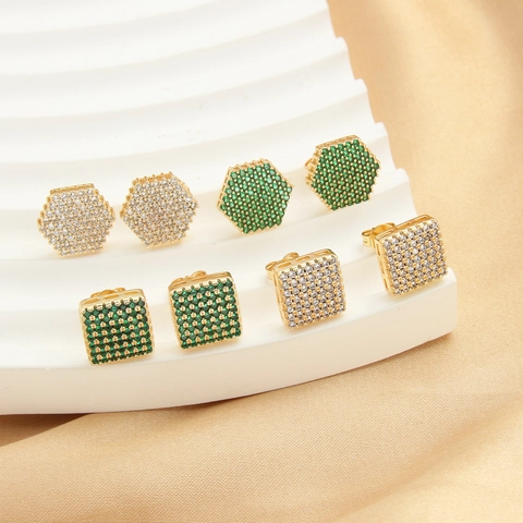 Geometric Hexagon Square Stud Earrings Copper 18K Gold Plated Inlaid Zirconia With 925 Sterling Silver Post For Women Jewelry