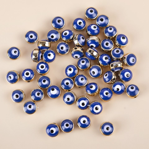 Evil Eye Perlen Harz Flach Rund Beidseitig Emaille Nazar Zwischenperlen Für Schmuckherstellung DIY Basteln Blau Goldrand